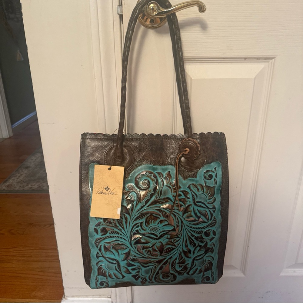 Hand-Tooled Leather Tote in Turquoise and Brown